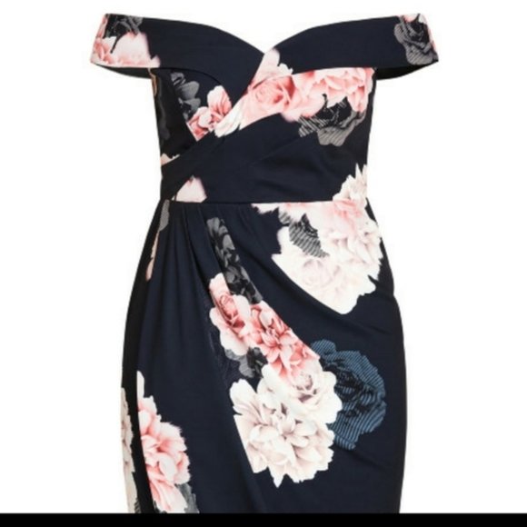 18 Plus size City Chic Floral Tulip Hem Off the Shoulder Dress Black/Pink.  Size - Picture 7 of 8